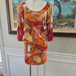 BCBGMaxAzria Multicolor Abstract Long Sleeve Dress in Pink, Orange & Gold